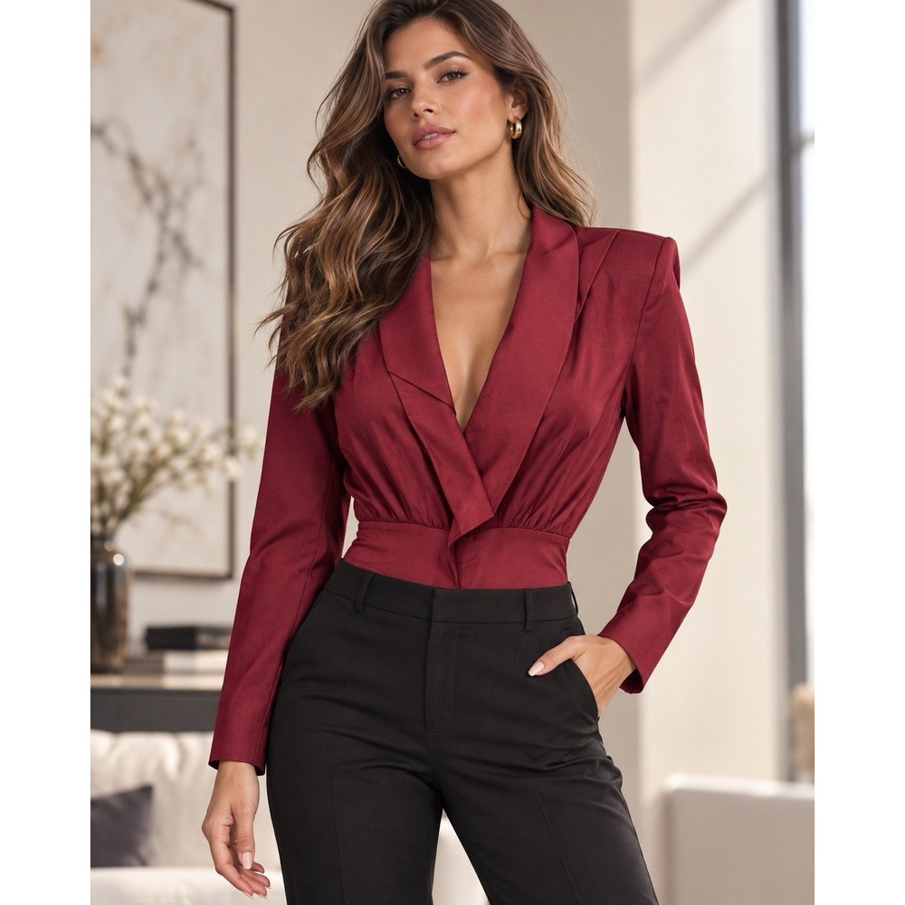 Womens S Burgundy Blazer Bodysuit Long Sleeve Lapel Wrap NWT